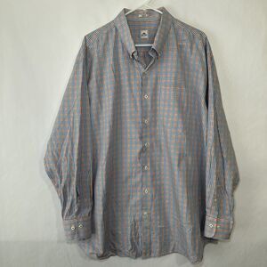 Peter Millar Button Down Shirt Mens Size XXL 2XL Orange Blue Plaid Long Sleeve